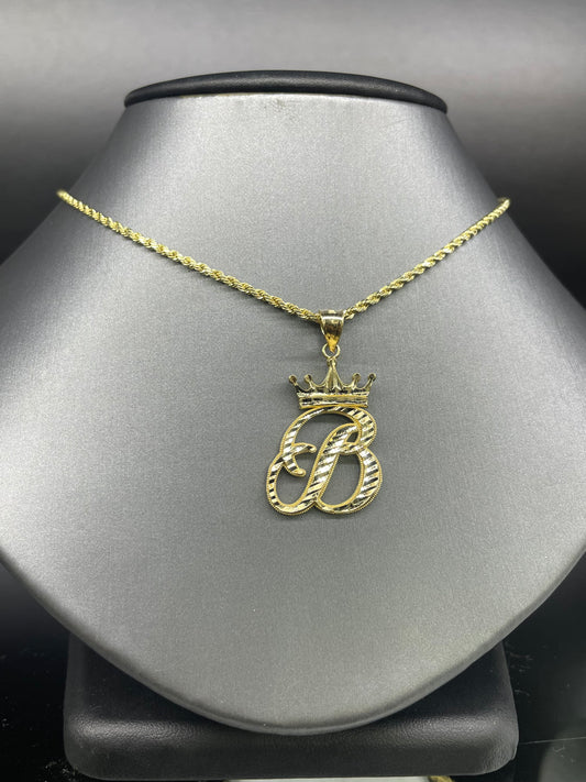 10K Initial B Pendant w/ Hollow Rope Chain