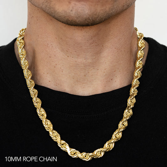 10K 10MM YELLOW GOLD DC HOLLOW ROPE 20" CHAIN NECKLACE