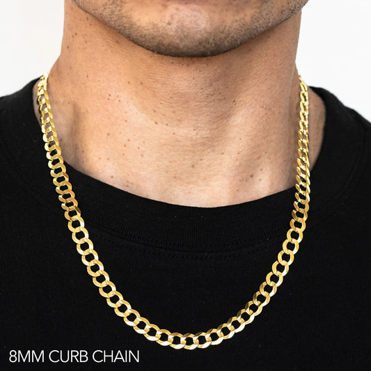 10K 8MM YELLOW GOLD SOLID CURB 22" CHAIN NECKLACE