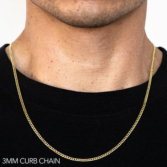 10K 3MM YELLOW GOLD SOLID CURB 20" CHAIN NECKLACE